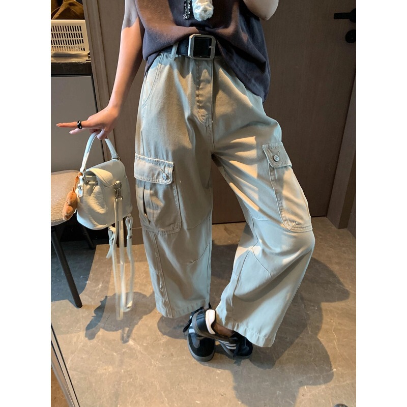 Mochie Street Style Workwear-Inspired Pocket Wide-Leg Loose Straight Casual Jeans with Belt Mq1421