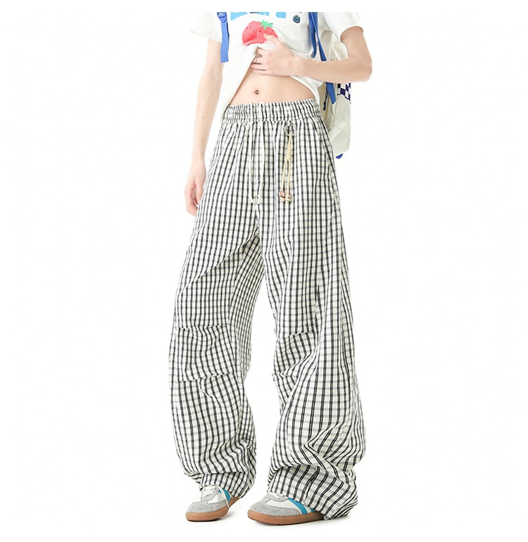 Men's Style Relaxed Fit Plaid Trousers Retro Color Block Wide Leg Casual Trendy Brand Drapey Paratrousers_viptrois.com
