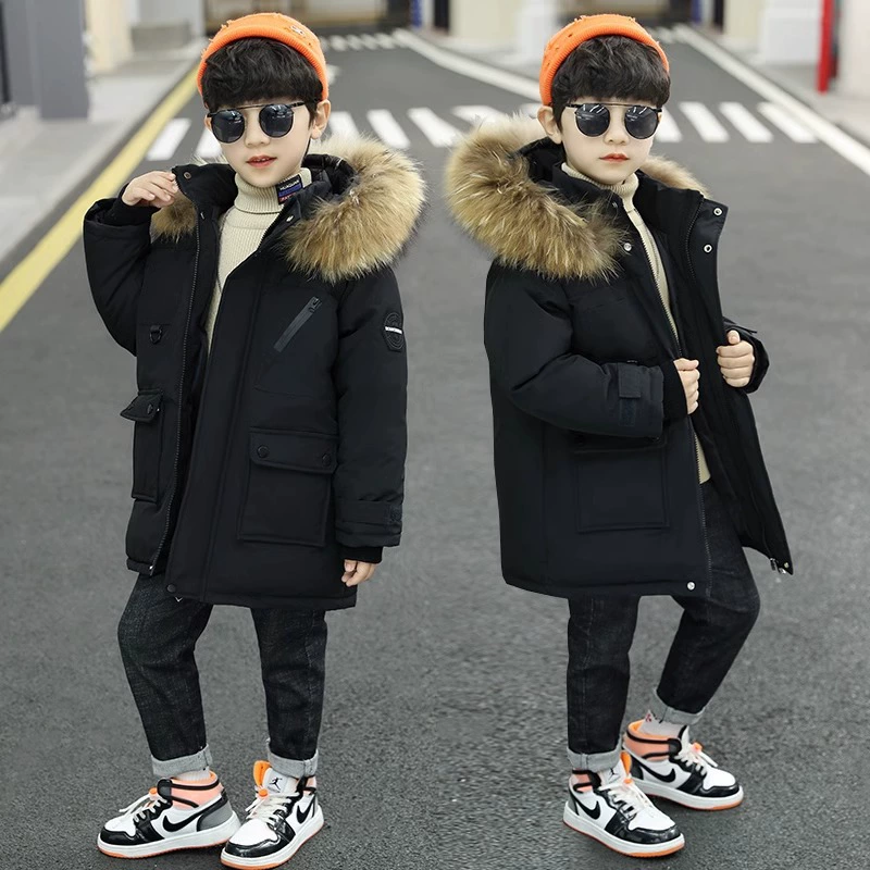 Мальчики среднего и старшего возраста пуховая хлопчатобумажная одежда дети плюшевые детские длинные куртки мальчики осенние и зимние корейские мужские хлопчатобумажные куртки