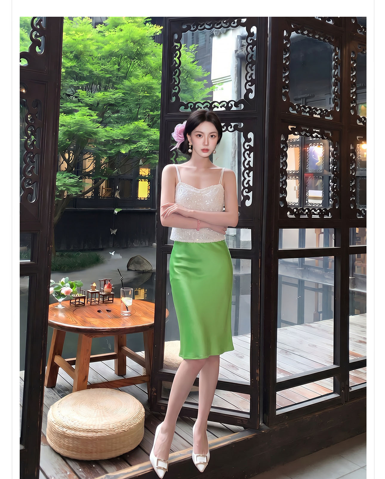 Chân váy xếp ly nữ phong cách Trung Hoa mới, dáng xòe thanh lịch — màu đen, màu xanh hồ, màu hồng, màu hồng đậm chi tiết 21