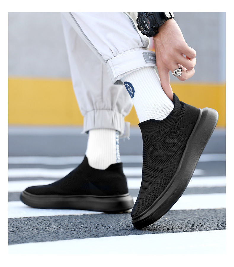 All black 45 breathable large size fly woven lazy foot men's sports and leisure shoes_voghion.com