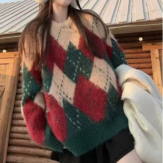 秋冬圣诞氛围感菱格套头毛衣女2024新款复古宽松圆领慵懒针织上衣