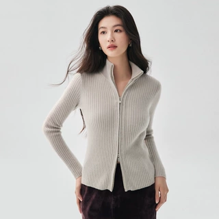 2026秋冬款山羊绒拉链开衫女立领坑条修身上衣打底衫休闲保暖外套