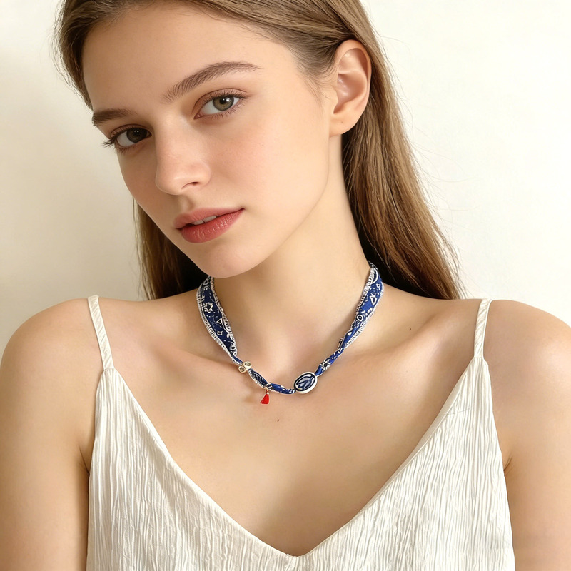 Bohemian Style Cotton and Linen Fabric Hand-Woven Necklace with Colorful Stone and Ceramic Pendant, Ethnic Style Personalized Choker for Women Wholesale Bohemian Style Cotton and Linen Fabric Hand-Woven Necklace with Colorful Stone and Ceramic Pendant, Ethnic Style Personalized Choker for Women Wholesale