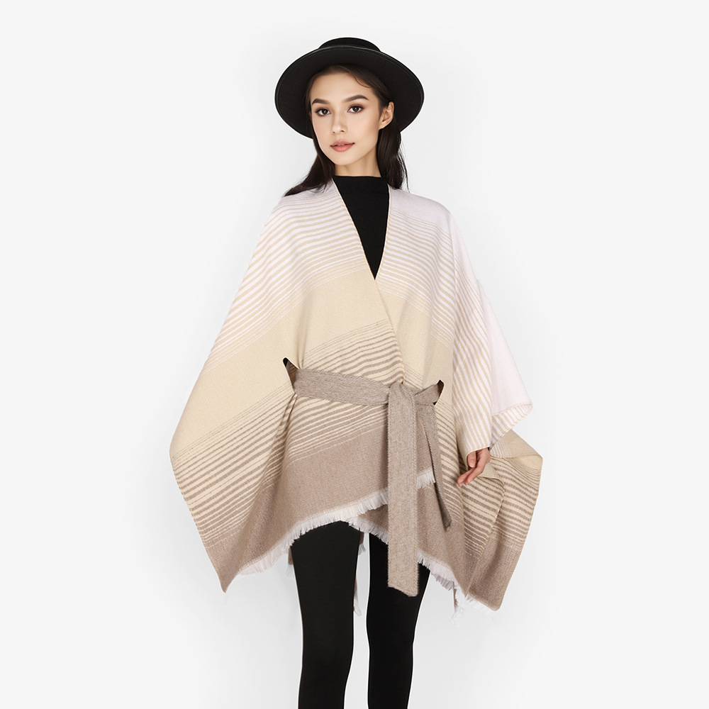 Chal nuevo estilo de nicho simple con chal grueso para mujer, capa de verano de alta calidad, cinturón, chal a rayas de doble cara