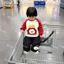 2025冬季新款薯条卡通印花加绒儿童洋气卫衣套装夹棉裤子