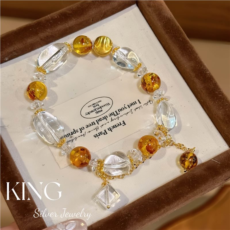 KING シルバージュエリー | アンバースノーブレスレット |   S925 シルバー ゴールドメッキ スーパー ヘビー フラワー アンバー クリスタル レトロな気質の新しい中国風|undefined
