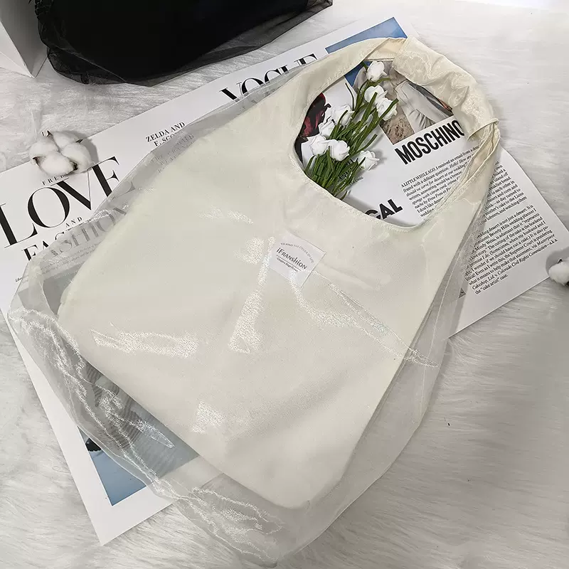 2024新款时尚仙女风双层网纱设计手提网纱拼接单肩包欧根纱通勤包