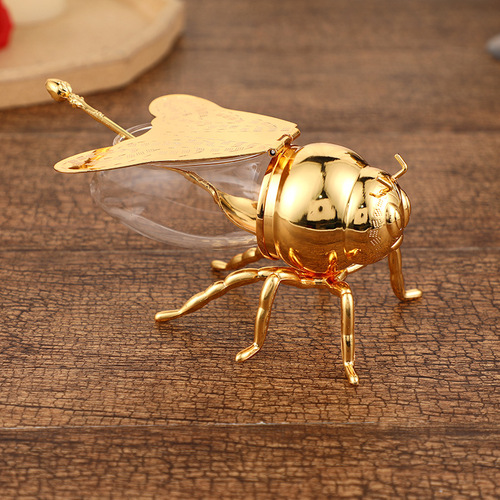 European classical style bee sugar cup, atmospheric golden sugar cup with spoon, high-end kitchen seasoning jar metal crafts