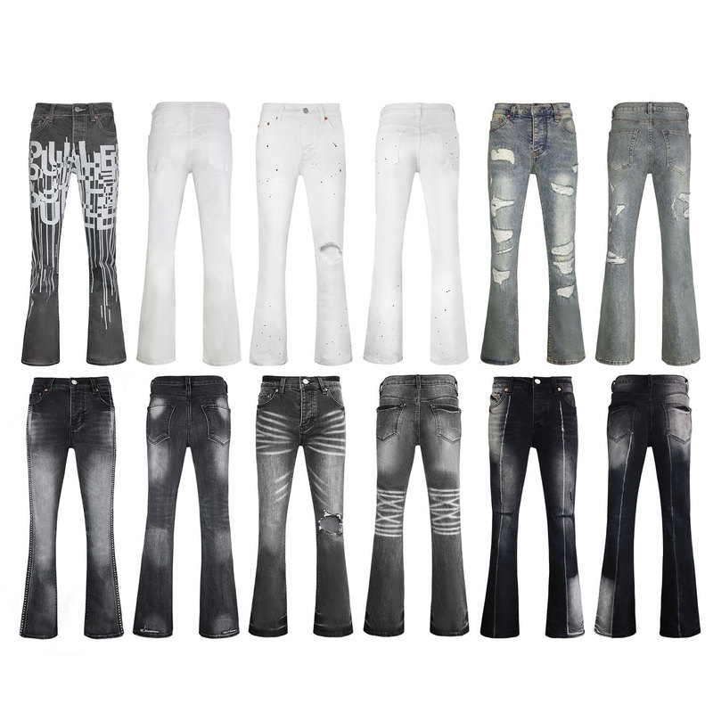 Pb Rhinestone Men's Denim Cargo Pants European and American Fashion Ins Popular Stretch Patch Denim Layered Flared Pants