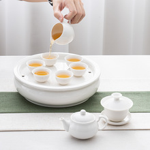 中式陶瓷小茶盤圓形儲水式大號干泡盤圓型玉瓷家用簡約白色可印制