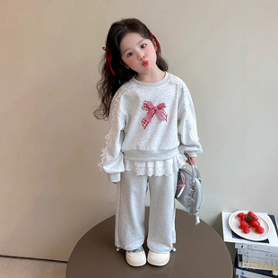 2025 New Style Kidsren's and Girls' Bow Sweatshirt Lace Baby Fashionable Suit Two-Piece Set