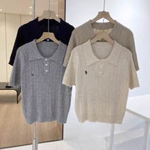 刺绣短袖polo领灰色针织衫女2025春夏复古麻花百搭小衫上衣女