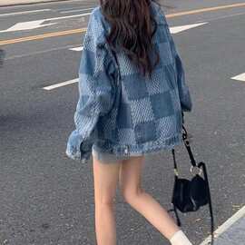 网红炸街格子牛仔外套女春秋新款韩版设计感宽松炫酷显瘦夹克上衣
