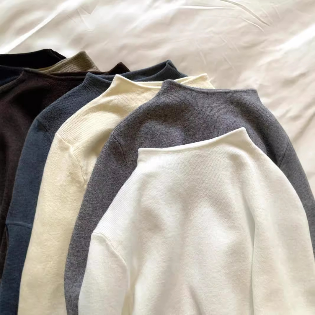 一件代发春秋冬季简约立领正肩长袖针织衫女宽松显瘦气质内搭打底