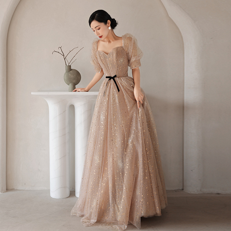 Vestido de noche con mangas abullonadas, novedad de verano 2026, para banquete, estilo hada, cielo estrellado, adelgazante, para cumpleaños, anfitriona, vestido de gala