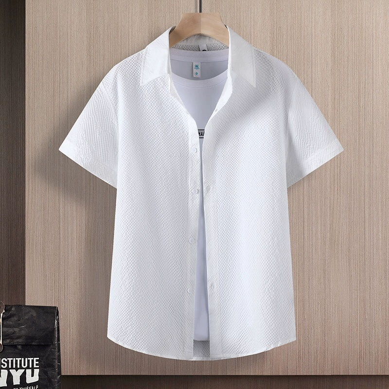Однотонная рубашка с короткими рукавами из жатого хлопка, мужская летняя рубашка из тонкого ледяного шелка, мужская корейская модная модная рубашка с половиной рукавов