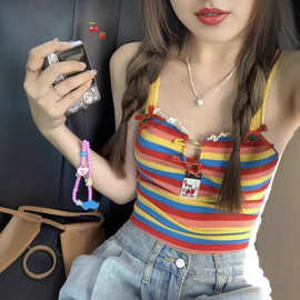 露背彩虹挂脖吊带小背心女夏外穿绑带多巴胺穿搭泰式海边辣妹上衣