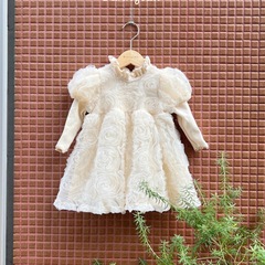 Korean style baby girl's style three-dimensional flower mesh puff sleeve dress ins soft cotton princess dress for small and medium-sized children
