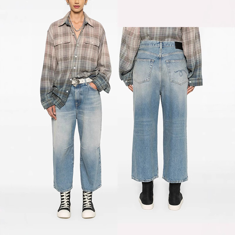 25 New R3 Cotton Low Waist WideLeg Loose Wide Leg Eight-point Jeans Women's Short Kneeling Pants