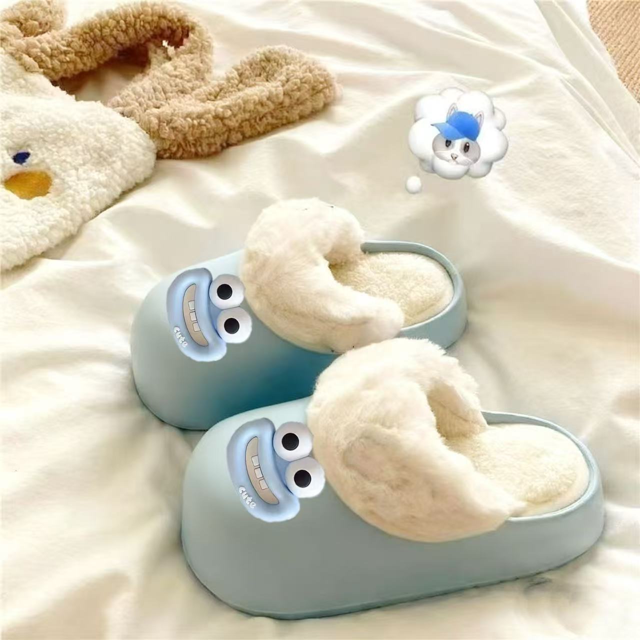 新款卡通棉拖鞋女秋冬季居家室内休闲防滑保暖卡通笑脸包头棉拖鞋