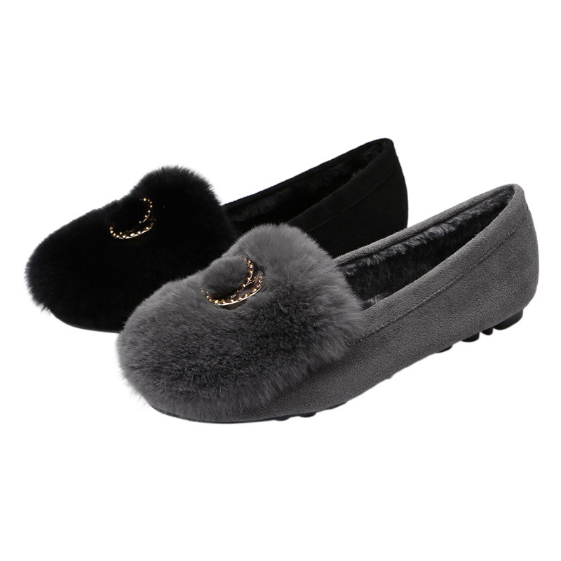 Zapatos de felpa de mujer 2023 Otoño e Invierno Nuevo estilo coreano versátiles zapatos de piel de conejo real zapatos planos forrados de lana zapatos de guisantes de diamantes de imitación image 1