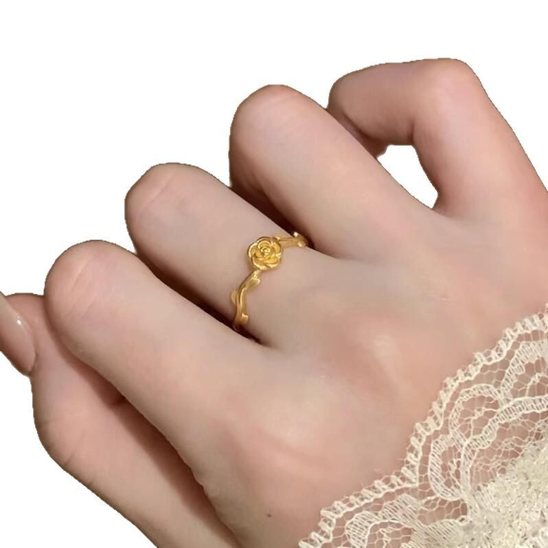 S925纯银金色玫瑰花枝戒指复古小众设计感高颜值百搭可调节指环女|undefined