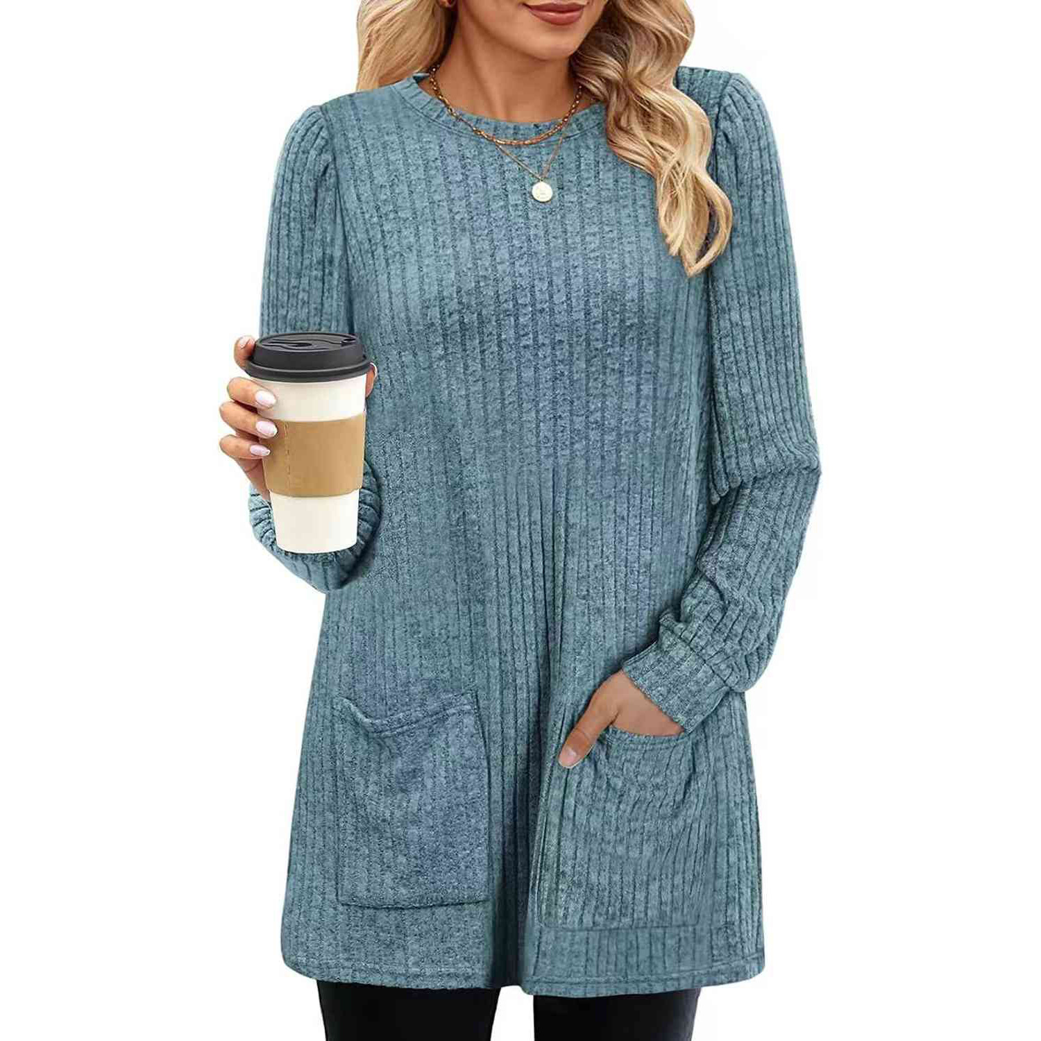 2023 transfronteriza europea y americana de otoño e invierno nueva oferta de mediados de longitud suéter cuello redondo pit color sólido bolsillo Camisa larga para las mujeres