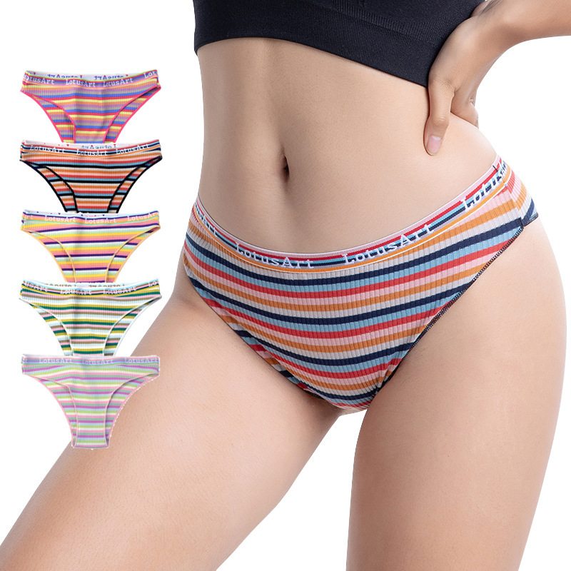 Low-Waist Half-Coverage Girls' Panties, Sweet Rainbow Striped Briefs, Sexy Bikini, Student Pure Cotton Panties for Women