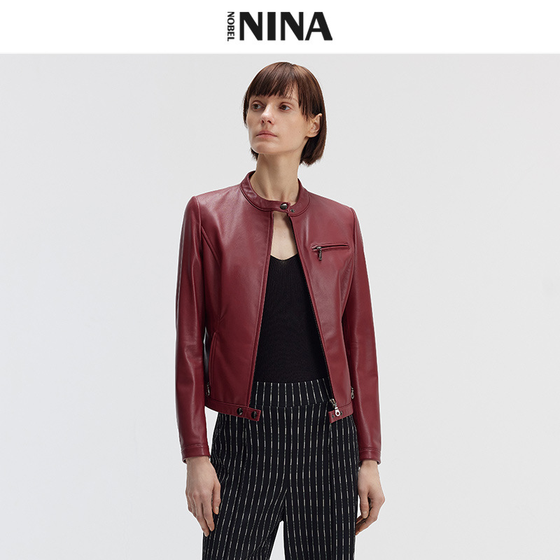 Women's Short Leather Jacket with Stand Collar, Burgundy Slim Fit, Sheepskin Coat, Autumn Petite Style