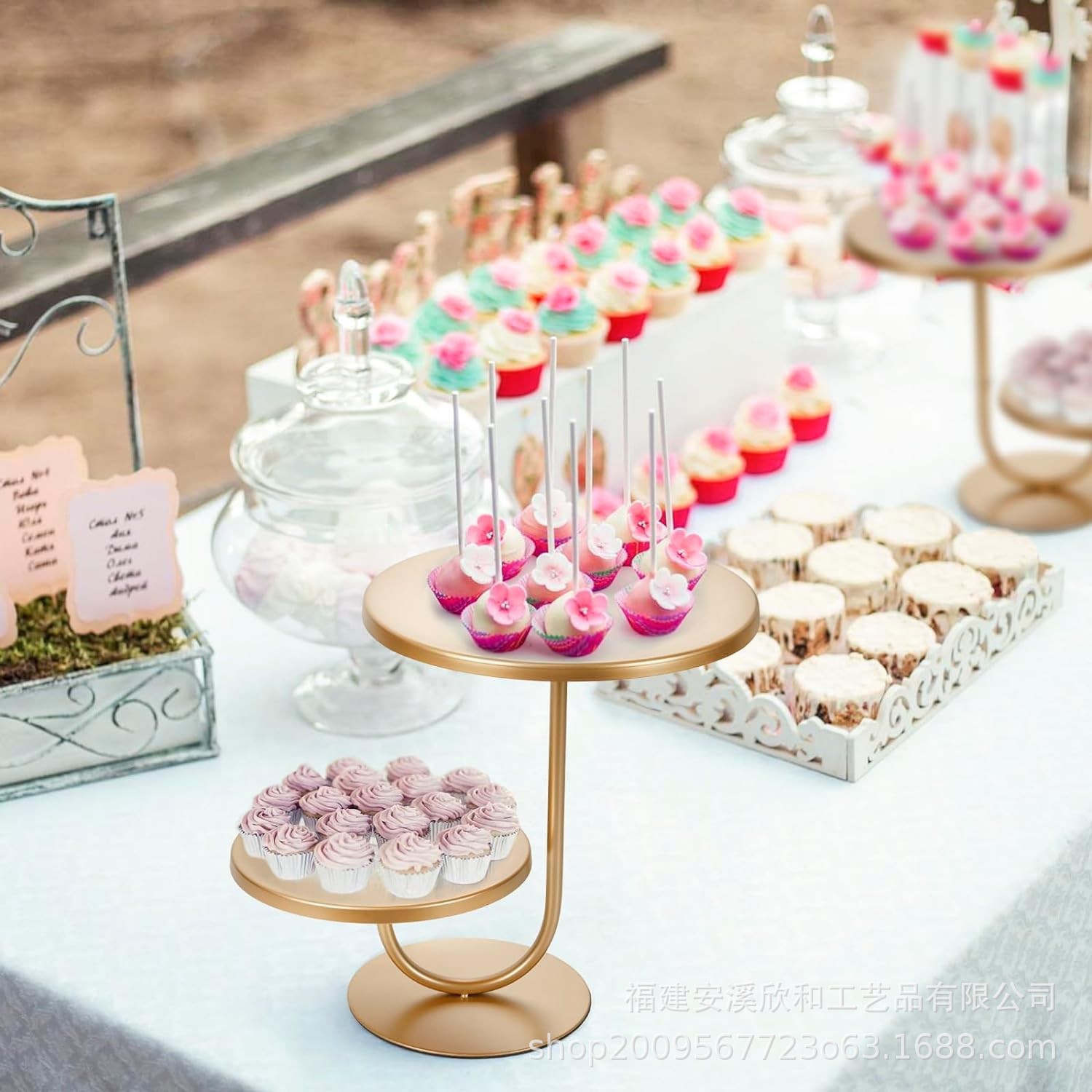 Fiesta de exhibición de pastel de hierro estante de exhibición de pastel de arte estante de exhibición de arena amarillo transfronterizo amarillo dorado redondo doble capa