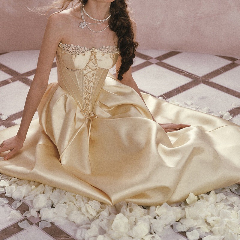 In Stock Lacema Belle French Princess Series Satin Strapless Lace Fishbone Dress French Dress In Stock Lacema Belle French Princess Series Satin Strapless Lace Fishbone Dress French Dress