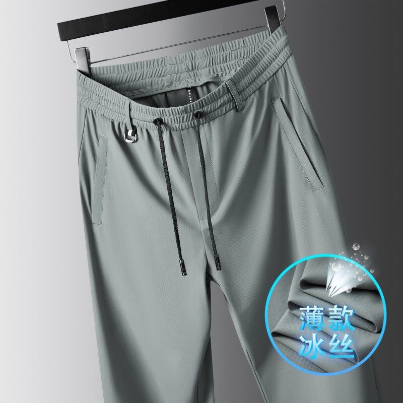High-End Summer Thin Men's Casual Pants, Loose Straight-Leg Sports Pants for Middle-Aged Men, Elastic Large-Size Ice Silk Pants for Men