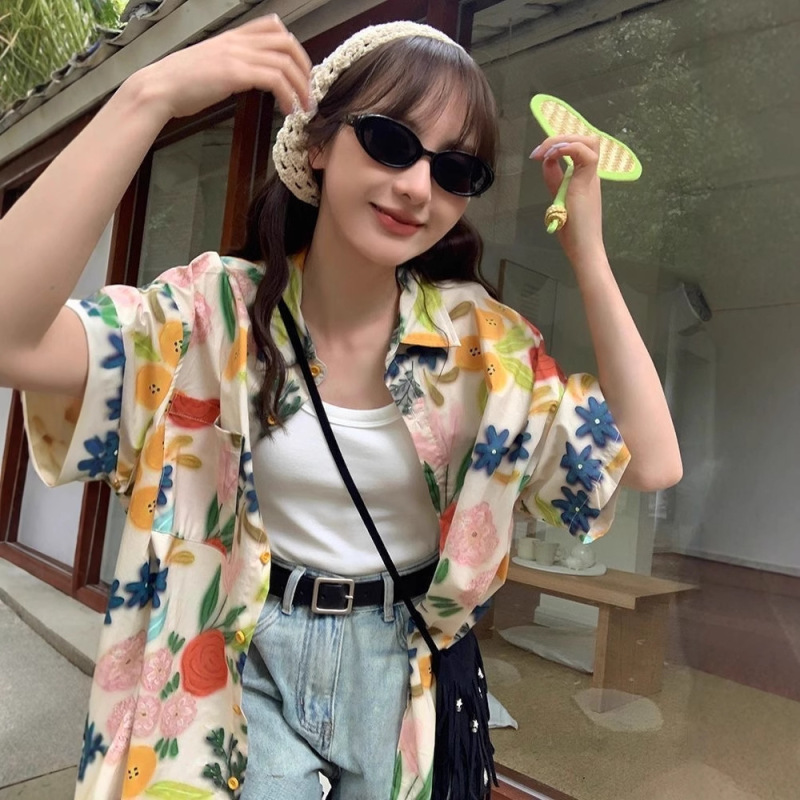 港风短袖花衬衫泰式夏威夷海边宽松衬衣随性慵懒垂感清凉夏上衣女|undefined