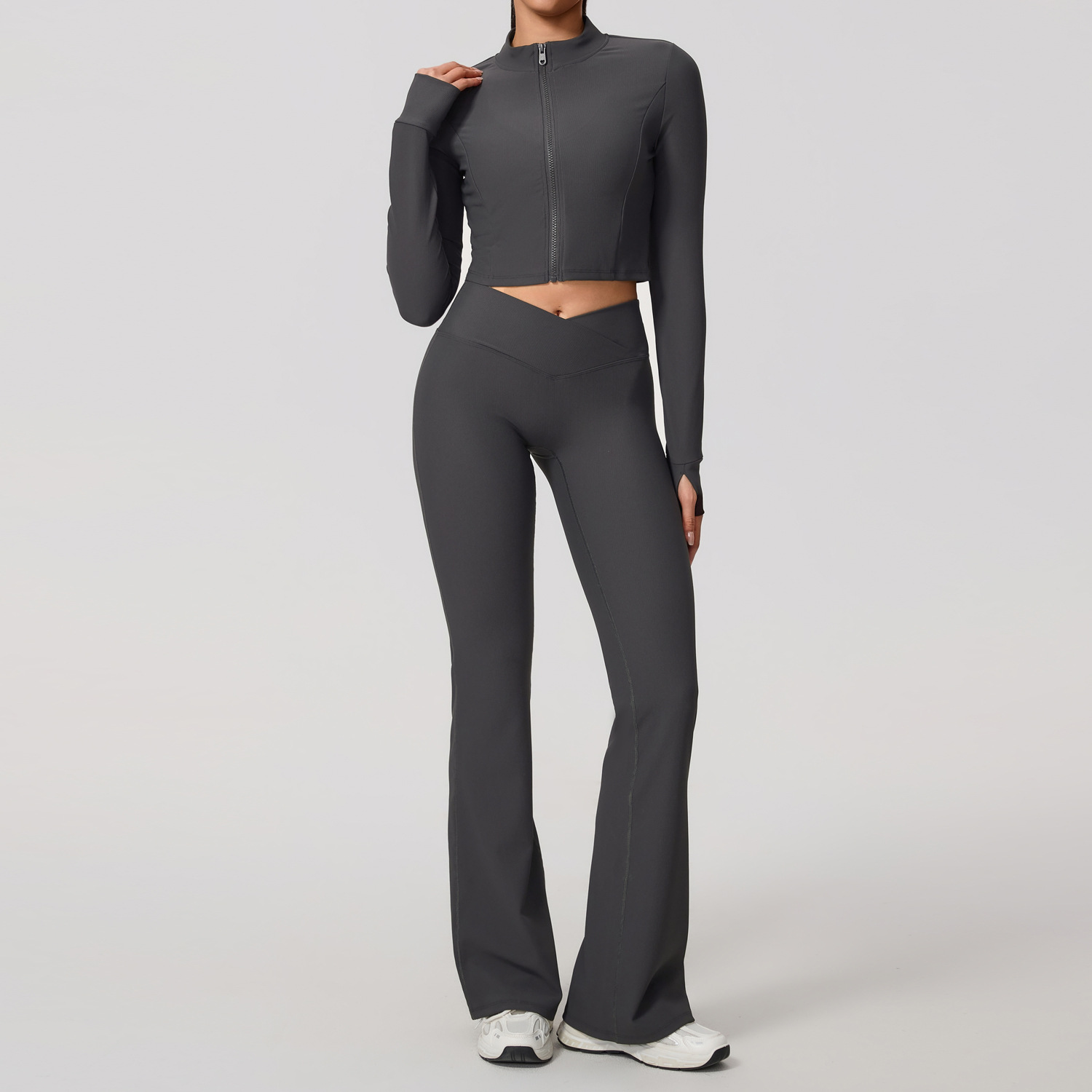 Europa y América sexy cruzada belleza de espalda deportiva al aire libre chaqueta con cremallera piernas anchas cintura alta y largo conjunto de pantalones de calzado 7005