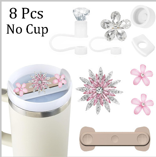 7pcs taza Stanley cuerda de mano colgante de silicona flor tapa de pajita bola de felpa colgante de copa cadena de taza de color
