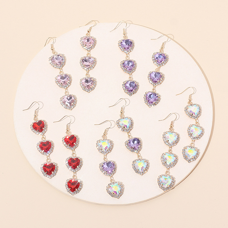 13g Weight Earrings Classification Wedding, Travel Occasion Women'S Gender Pink, Purple, Red Color Korean Heart Rhinestone Tassel Earrings 1