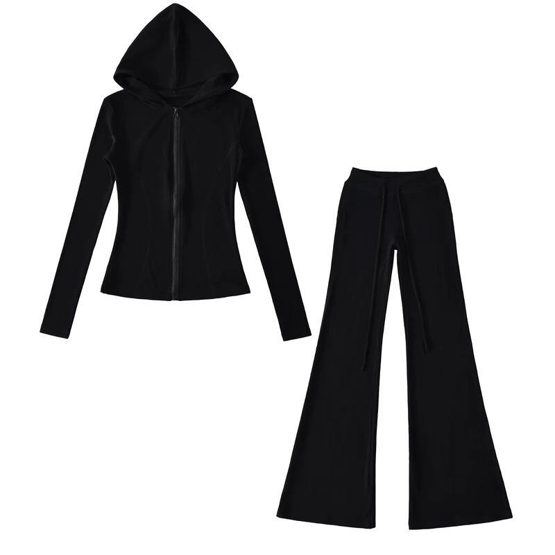 Hooded Zip-Up Long-Sleeve Fleece Cardigan Jacket for Women, Low-Waist Drawstring Yoga Pants, Sports Set for Autumn