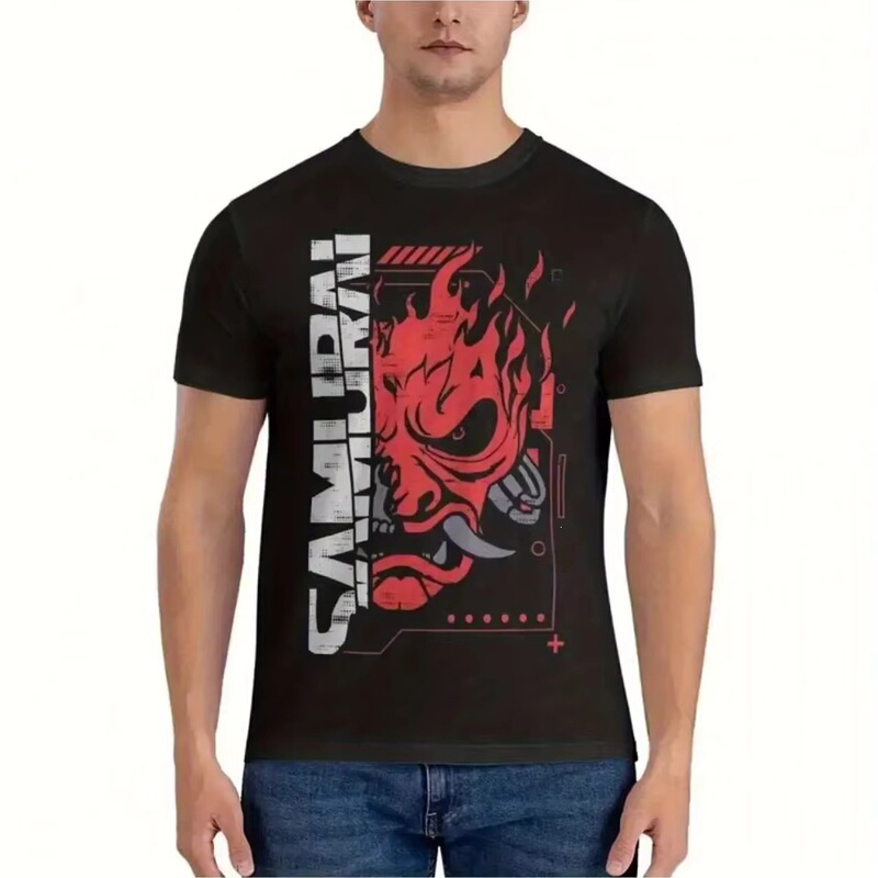 Men's Retro Japanese Game 2077 Cyber Samurai T-Shirt Black Cotton Round Neck T-Shirt with Retro Futuristic Punk Art Men's Retro Japanese Game 2077 Cyber Samurai T-Shirt Black Cotton Round Neck T-Shirt with Retro Futuristic Punk Art