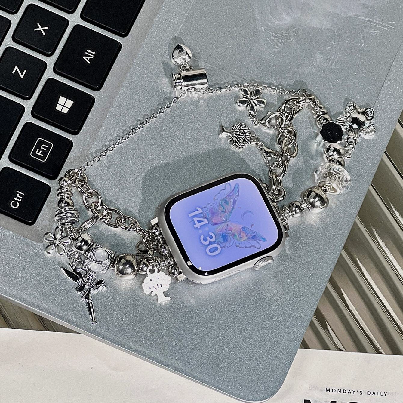 Подходит для Apple Watch 10 поколения, двойной цепочный браслет с бусинами-эльфом, ремешок для часов S9876 поколения