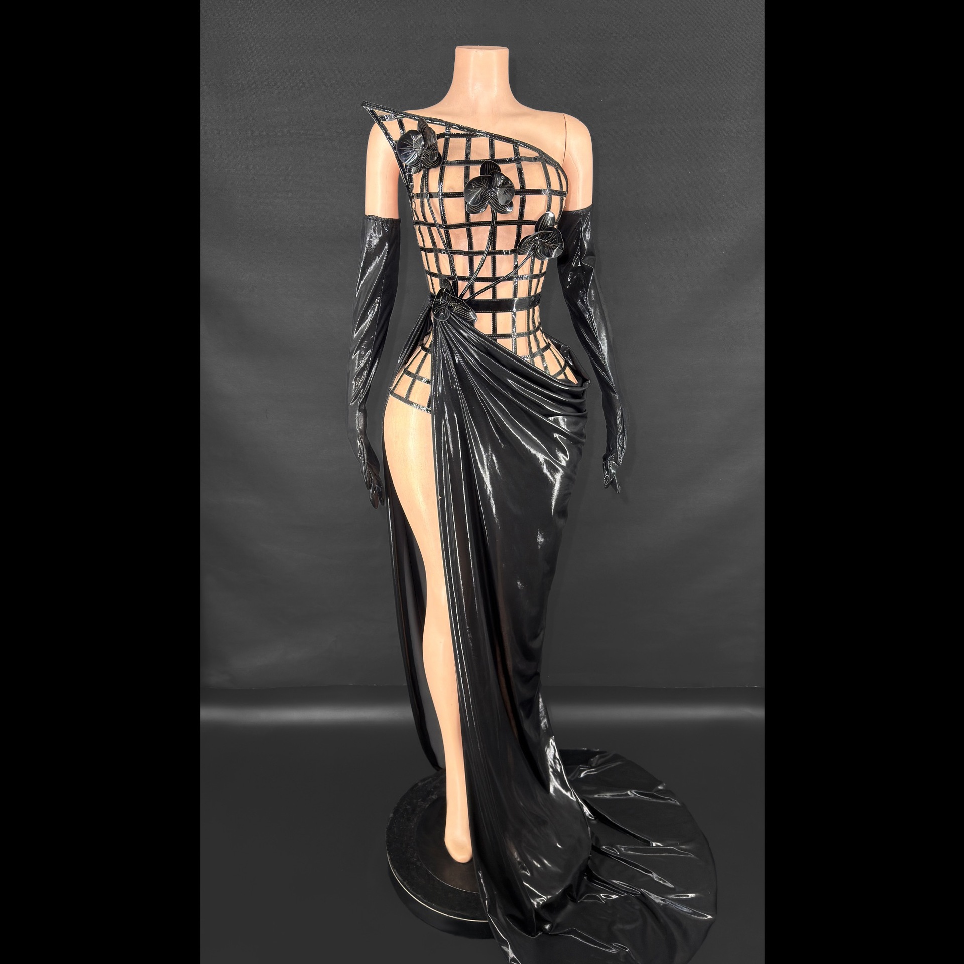 跨境黑色立体花时尚性感抹胸带手套修身显瘦鱼骨及地连衣裙晚礼服