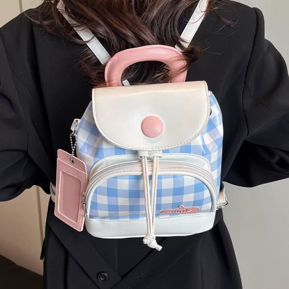 跨境可爱少女学生包2025春季新款撞色格子双肩包高级质感时尚女包