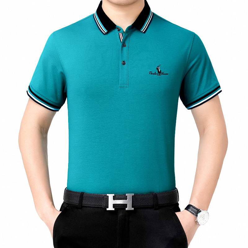Counter Genuine Mulberry Silk Men's Short-Sleeved T-Shirt Business Casual Pure Color Middle-Aged Dad Lapel Men's Polo Shirt