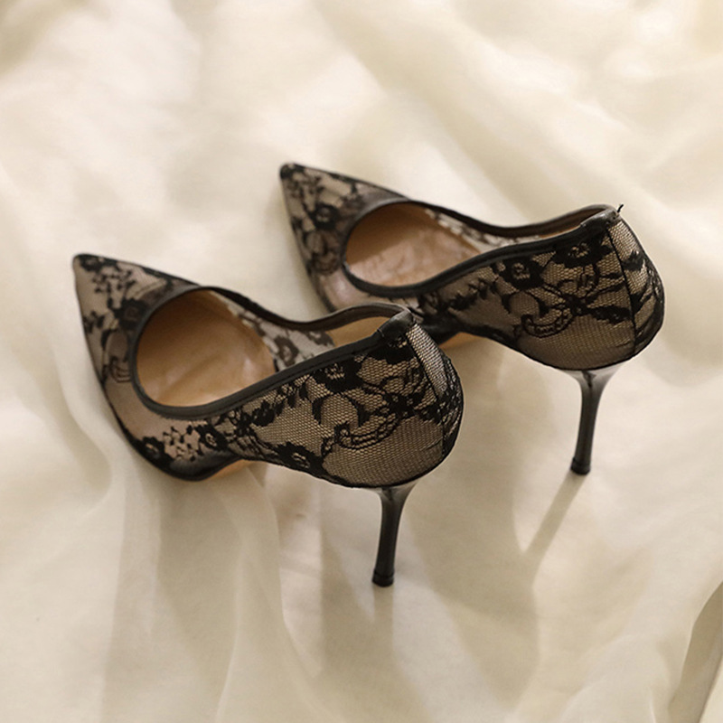 Breathable Lace Mesh High Heels Women's 2023 New Summer Design Niche Elegant Pointed Stiletto Heel Shoes
