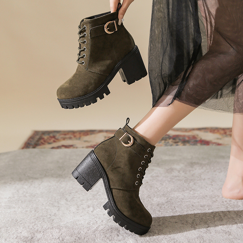 Duży rozmiar jesień i zima wysoki obcas pojedynczy z klamrą paska gruby obcas krótkie buty modny styl okrągły nosek_voghion.com