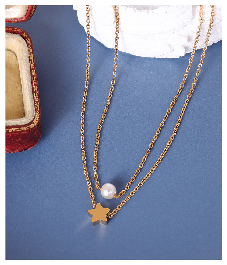 Five-pointed Star Pendant Imitation Pearl Necklace Double Layered Titanium Steel Clavicle Chain display picture 6