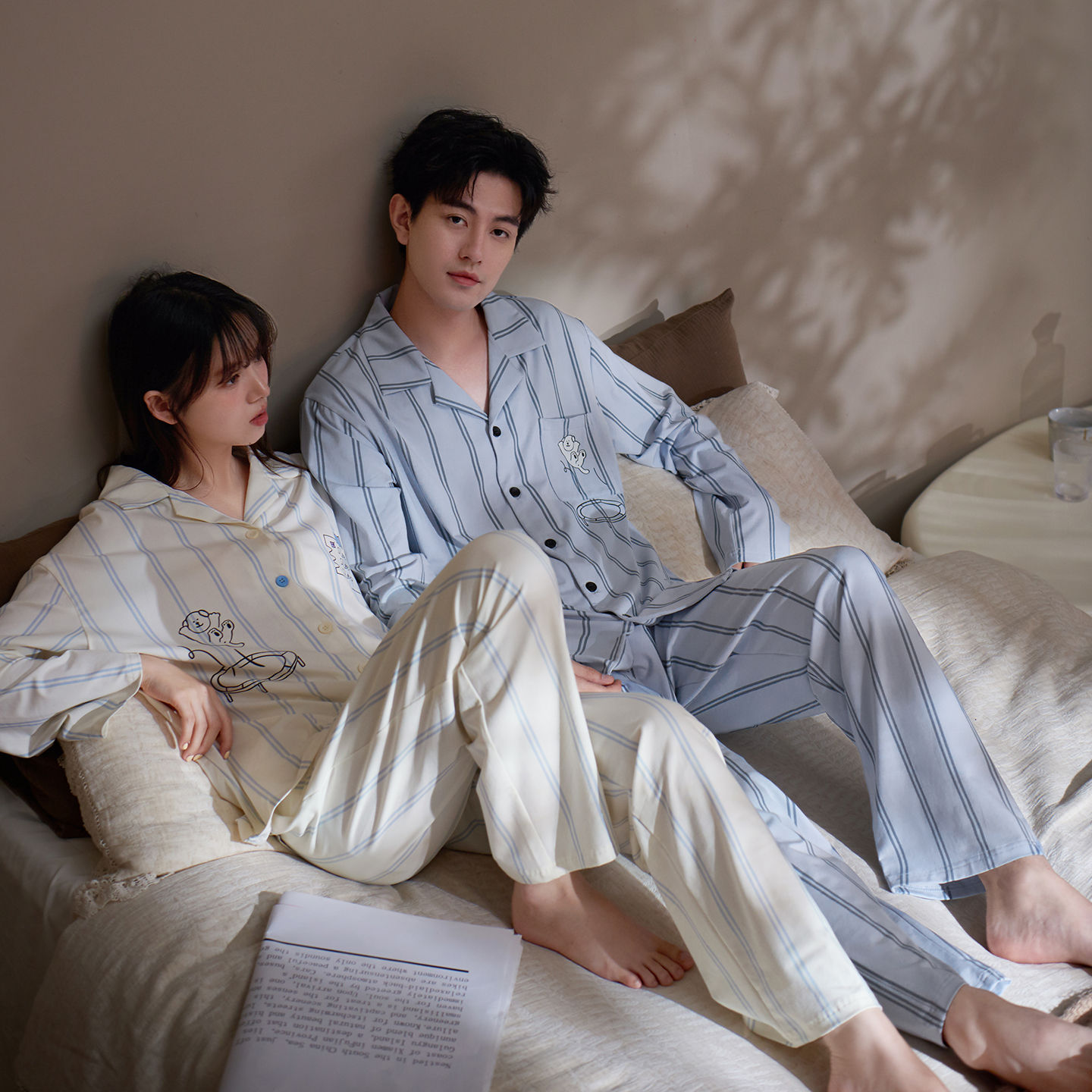 Couple Pajamas Modal Cotton Women's Korean Striped Internet Celebrity Style Men's Young People Long Sleeve Home Clothes