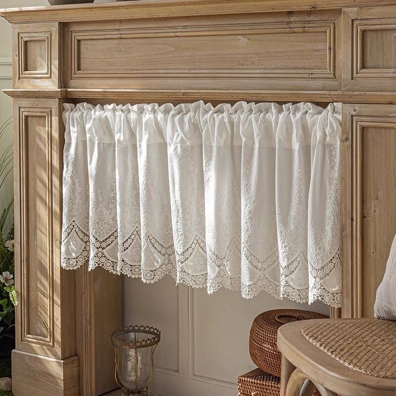 French-Style White Lace Kitchen Short Curtain American-Style Sheer Curtain Half Curtain with Magic Tape, No-Drill Rod-Mounted Partition Coffee Door Curtain