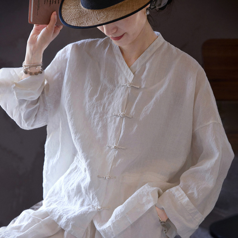 Summer Chinese-Style Shirt for Women, Loose Mid-Length Shirt, Retro Zen Style Ancient Hanfu White Top for Women in Summer Summer Chinese-Style Shirt for Women, Loose Mid-Length Shirt, Retro Zen Style Ancient Hanfu White Top for Women in Summer
