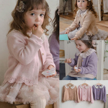 2025秋款草莓珊韩国儿童女孩女童镂空刺绣花边短款针织开衫外套